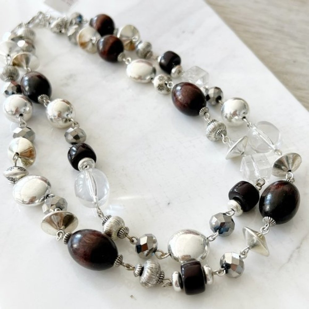 4/$25 Lia Sophia Wooden Silver Resin Beads Double Strand Necklace